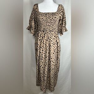 C+D+M Polka Dot Leopard Print Midi Dress Women’s Small Smocked Tan Black